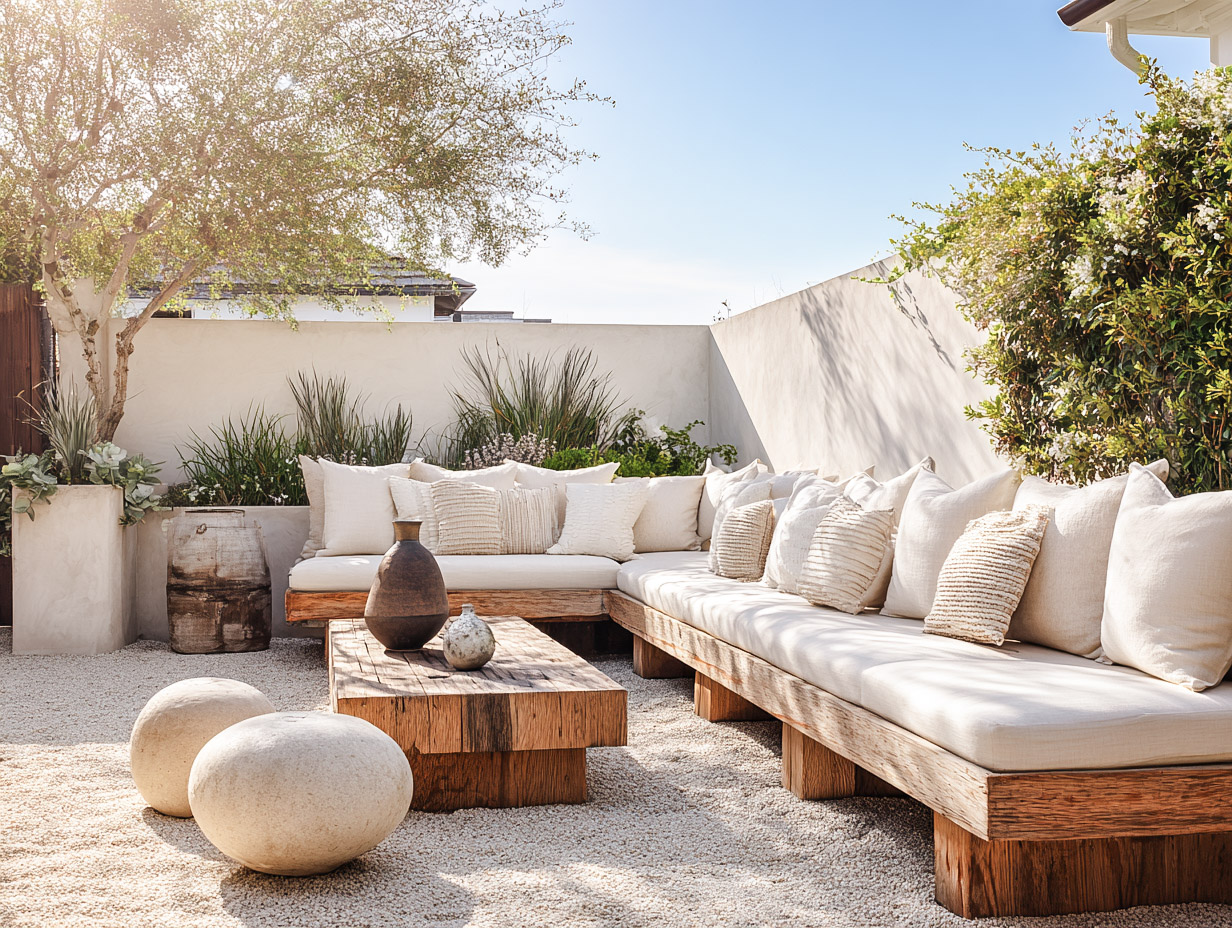 Calm beach house backyard with light seating, soft landscaping, and relaxed coastal styling.