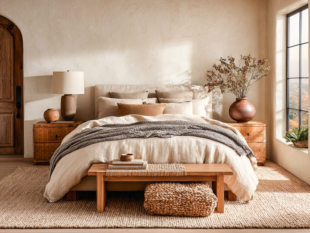 Earthy bedroom with warm neutrals, layered linen bedding, and oak furniture