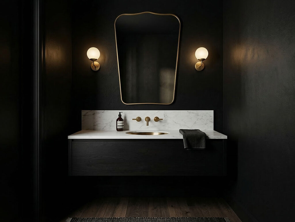 Black vanity with a curved gold mirror in a dramatic powder room.