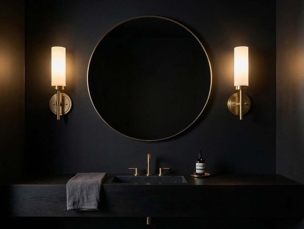 Pair of brushed brass wall sconces with white glass shades in a dark powder room.