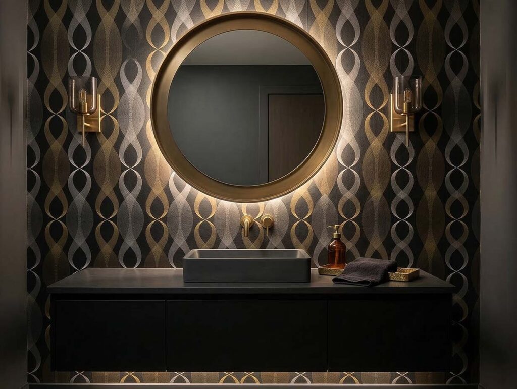 Black and gold geometric wallpaper in a moody powder room behind a vanity.