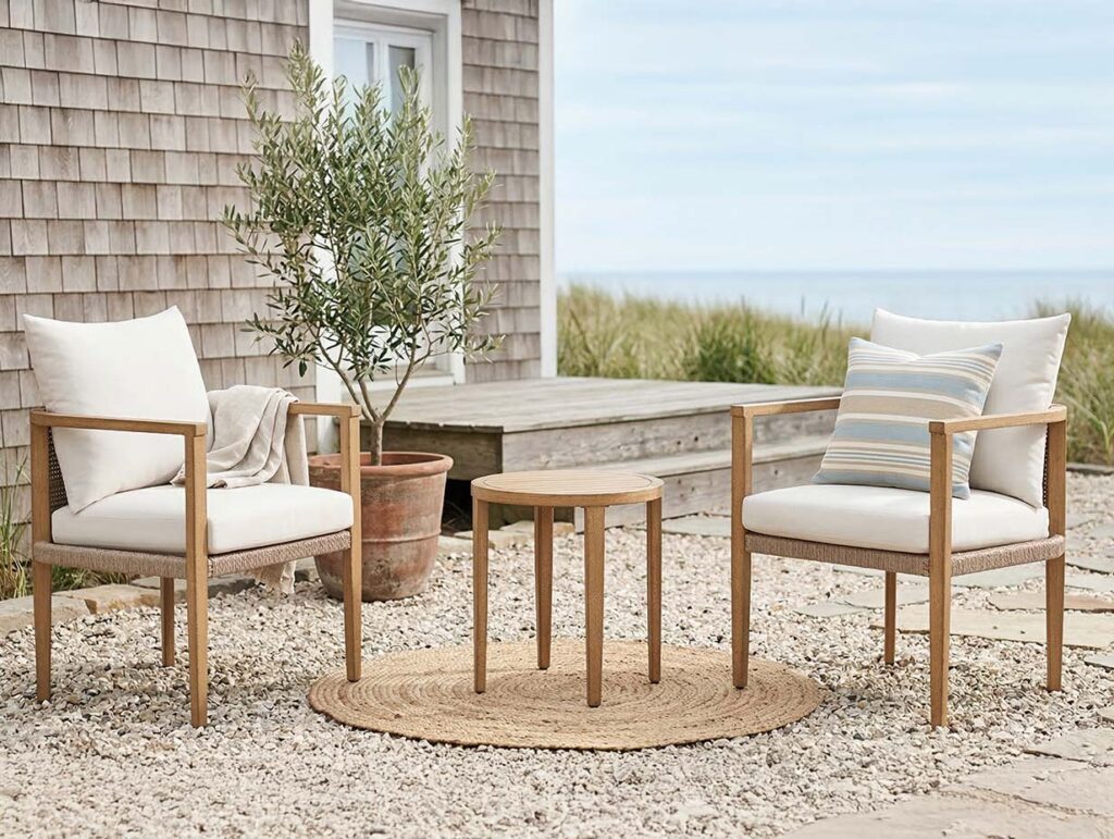 Beach house backyard seating area with woven patio chairs, neutral cushions, and a small round table.