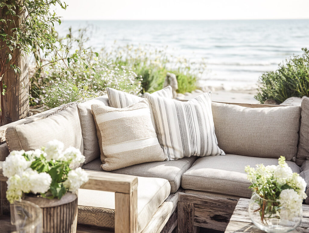 Soft outdoor lounge corner with neutral cushions, striped pillows, and relaxed coastal texture.