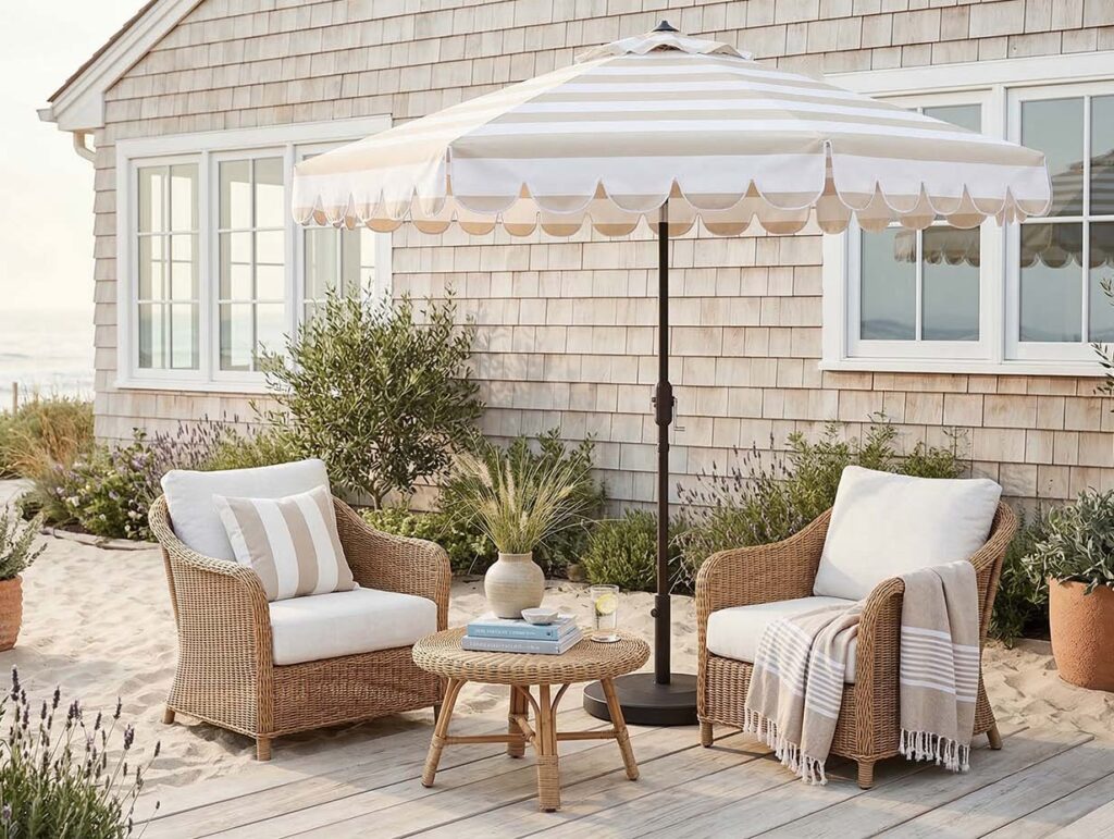 Beach house backyard with a striped scalloped patio umbrella over a casual seating area.