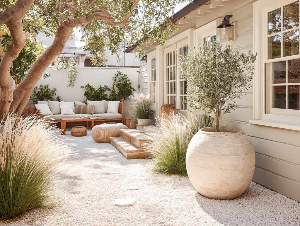 Beach-inspired backyard with gravel, potted olive tree, and soft green planting around a seating area.