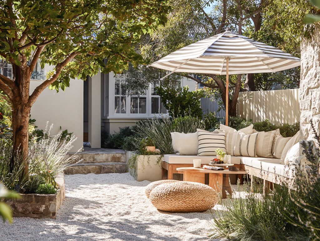 Calm beach house backyard with soft outdoor seating, striped shade, and warm evening light.