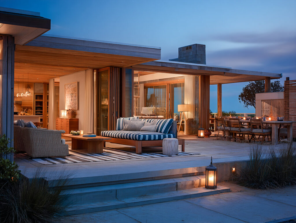 Simple beach house backyard at dusk with soft lighting and a calm, open layout.