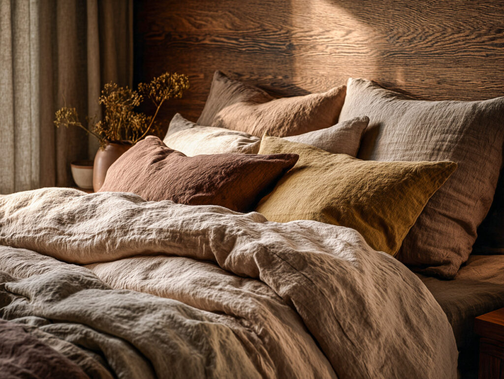 Layered earthy bedroom bedding in warm neutral tones