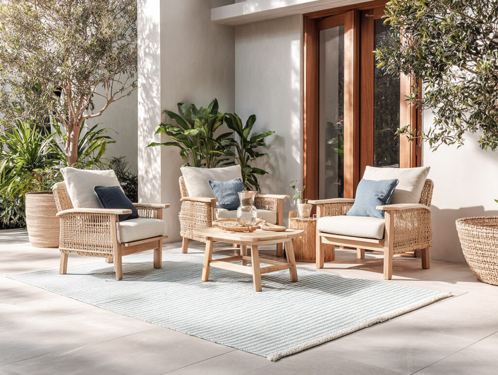 Coastal patio seating area with striped outdoor rug, woven chairs, and soft blue accents