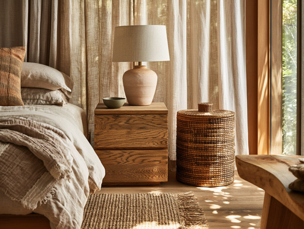 Earthy bedroom textures with oak nightstand, ceramic lamp, and jute rug