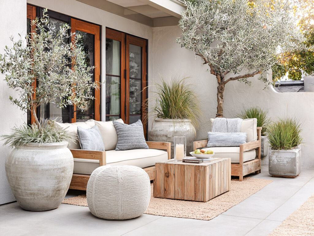 Modern coastal patio with ceramic planters, layered texture, and warm wood furniture