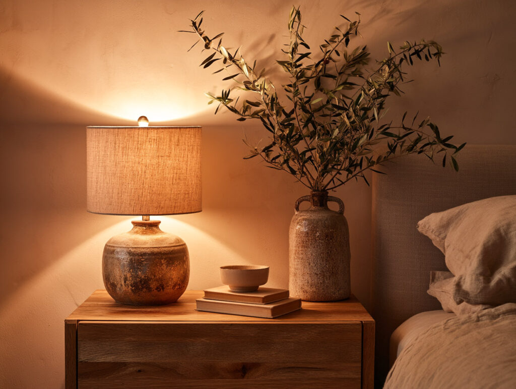 Styled earthy bedroom nightstand with warm lamp light and olive branches