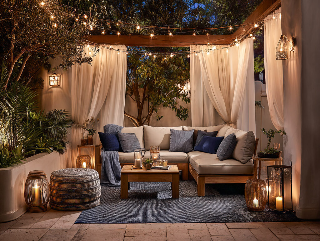 Evening coastal patio with warm lantern light, outdoor curtains, and a relaxed seating area