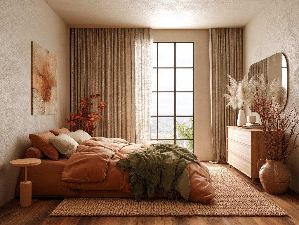Small earthy bedroom with warm neutral bedding, wood furniture, and soft curtains