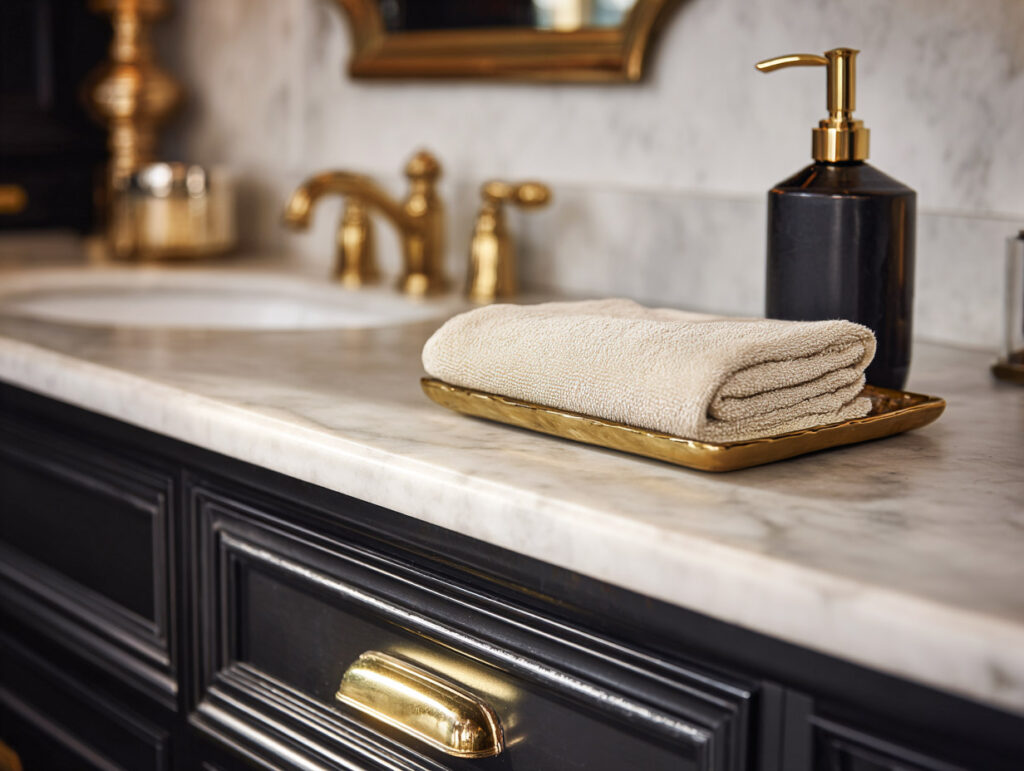Black vanity with brass hardware, white counter, and simple styling in a powder room.