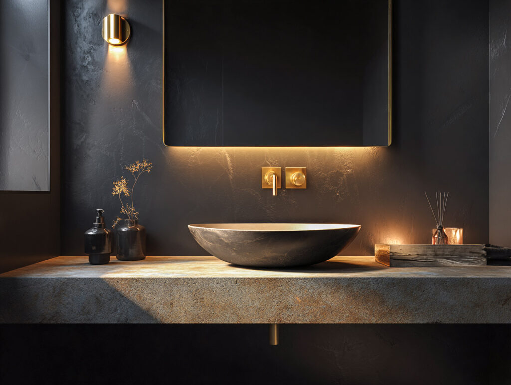 Moody powder room with black walls, brass accents, and a soft white sink for contrast.