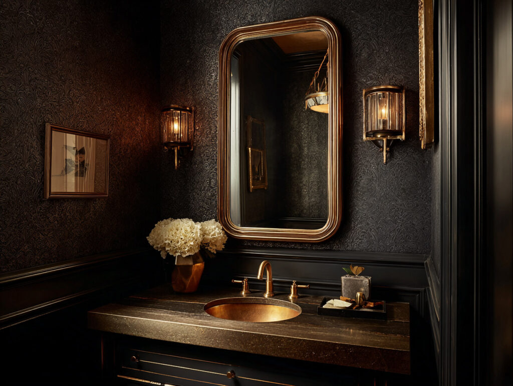 Dramatic black and gold powder room with layered lighting and minimal styling.
