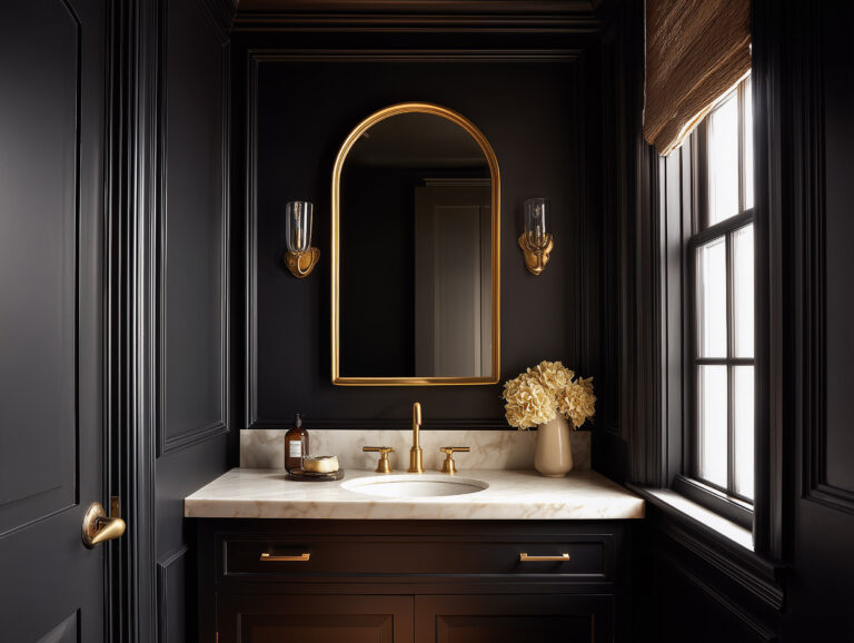 Black and gold powder room with dark walls, gold mirror, brass sconces, and a black vanity.